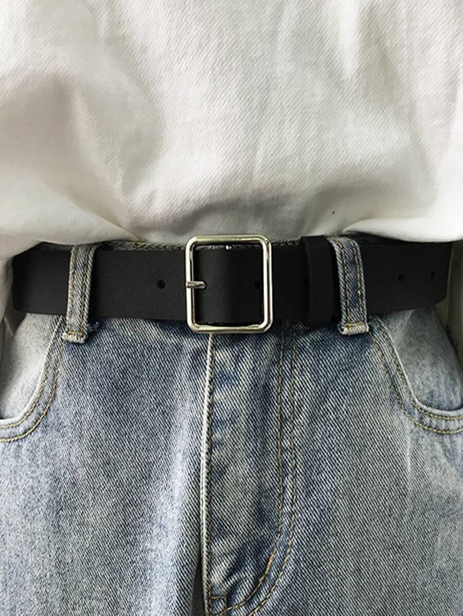 1pc Square Buckle Black Pu Leather Belt, Versatile Minimalist Stylish Waistband For Students Summer, School Fall, Autumn, Halloween - Black - View 1