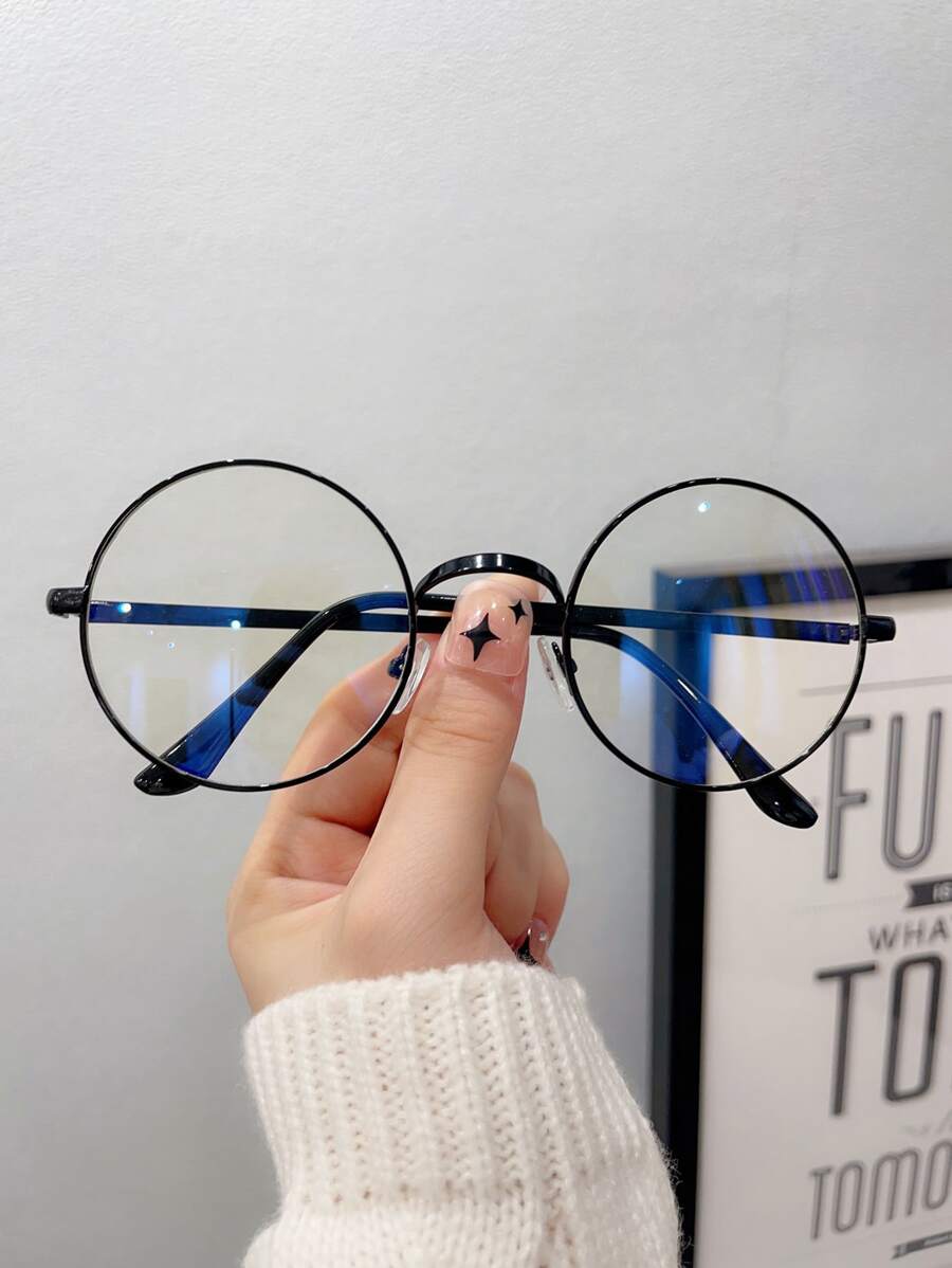 1入組女士極簡全畫幅圓形金屬眼鏡 - 黑色 - 查看 1