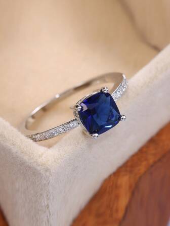 1 Pieza Anillo De Compromiso Cuadrado De Micro-pavimento Con Gema Azul Para Mujer, Estilo Europeo Y Americano Noble De La Novia
