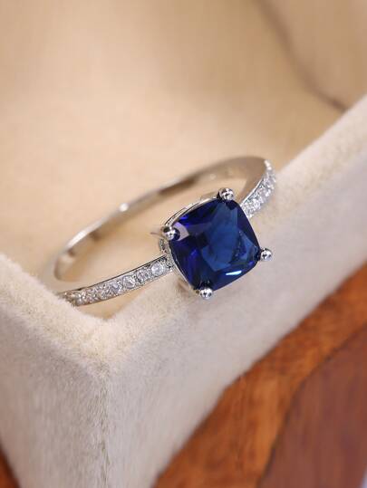 1 Pieza Anillo De Compromiso Cuadrado De Micro-pavimento Con Gema Azul Para Mujer, Estilo Europeo Y Americano Noble De La Novia