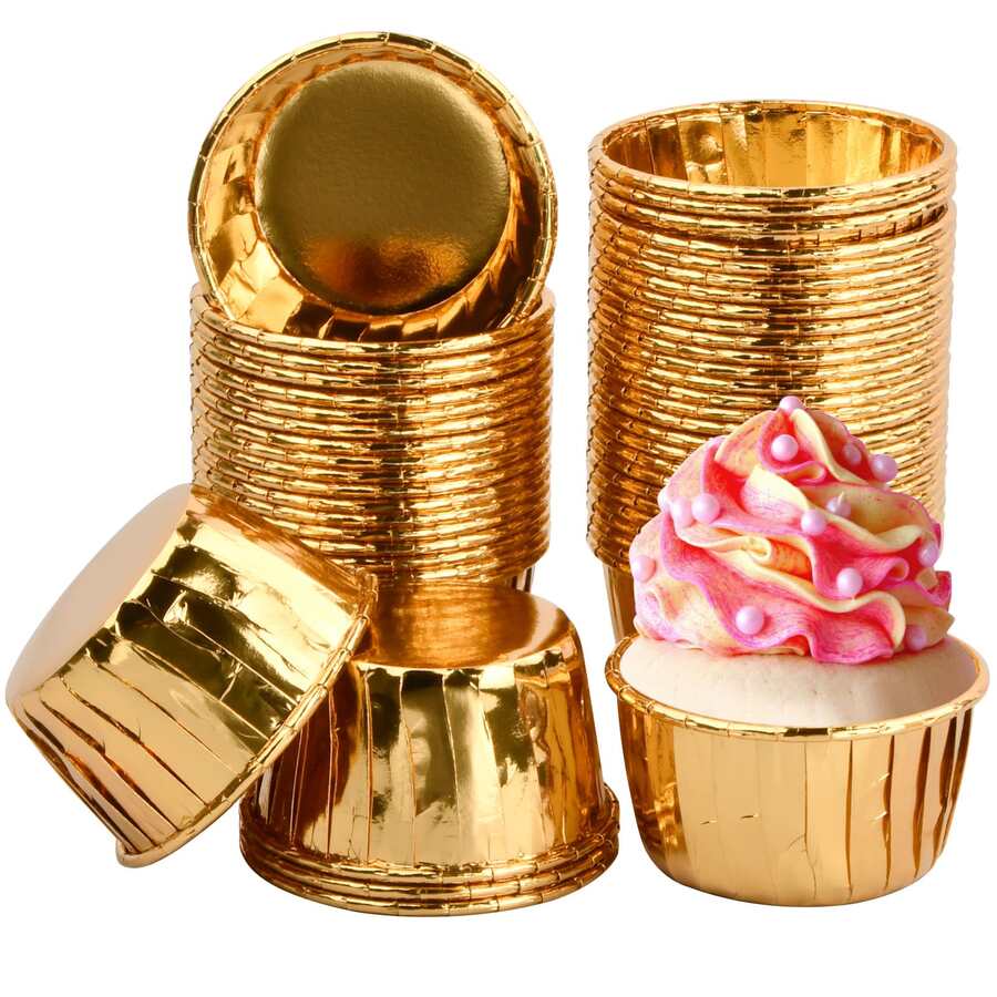 50入組紙質蛋糕模具,杯子蛋糕模具,杯子蛋糕紙盒,杯子蛋糕烤杯紙張,慶祝新居入伙派對必備(金色)