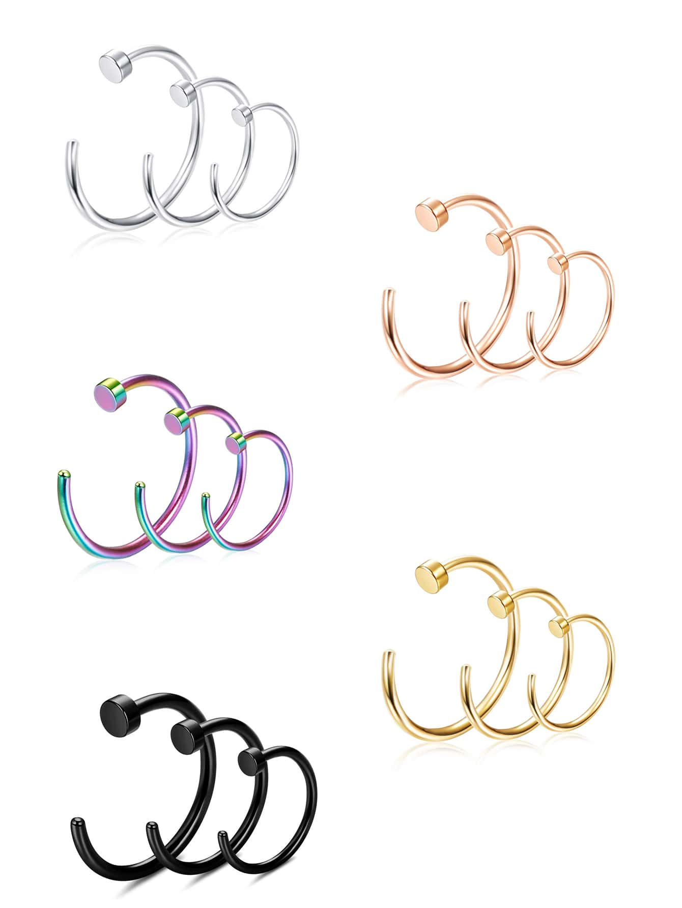 15 Chiếc 20G Phẫu Thuật Mũi Thép Nhẫn Vòng Cho Nam Nữ Hình Chữ C Đĩa Phẳng Mỏng Mũi Nhẫn Sụn vành Tai Phòng Thân Bộ Trang Sức - Nhiều màu - Xem 1