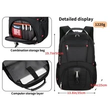 17英寸筆記型電腦背包，防水超大型TSA旅行背包，反盜版大學商務男士背包附有USB充電口，17.3遊戲電腦背包，適用於女性和男性，黑色45L旅行背包，筆記本電腦背包黑色袋，戶外情人節禮物男性背包，背包日禮物，夏季大學包，父親的學校袋 - 黑色 - 查看 4