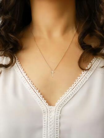 1pc Korean 306l Stainless Steel Smooth Cross Pendant Collarbone Chain Necklace With 18k Gold Plating For Women