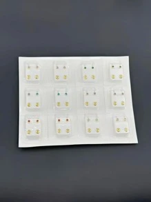 24pcs/Set Simple Elegant Gold Edge Crystal Stud Earrings, Suitable For Pierced Ears, Convenient Daily Wear - Multicolor - View 2