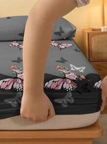 1入時尚簡約風格玫瑰、花卉、蝴蝶和格紋圖案印花毛絨緊身床單套，防塵，適用於臥室家居紡織床上用品 - 彩色 - 查看 5