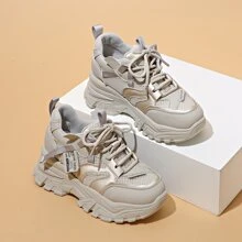 1雙女士運動風格厚底坡跟運動鞋,綁帶式,香檳色,時尚低幫日常訓練鞋 - 香檳色 - 查看 3