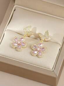 1雙水鑽鑲嵌蝴蝶&花花瓣形狀耳朵裝飾帶歐美風格 - 金色 - 查看 1