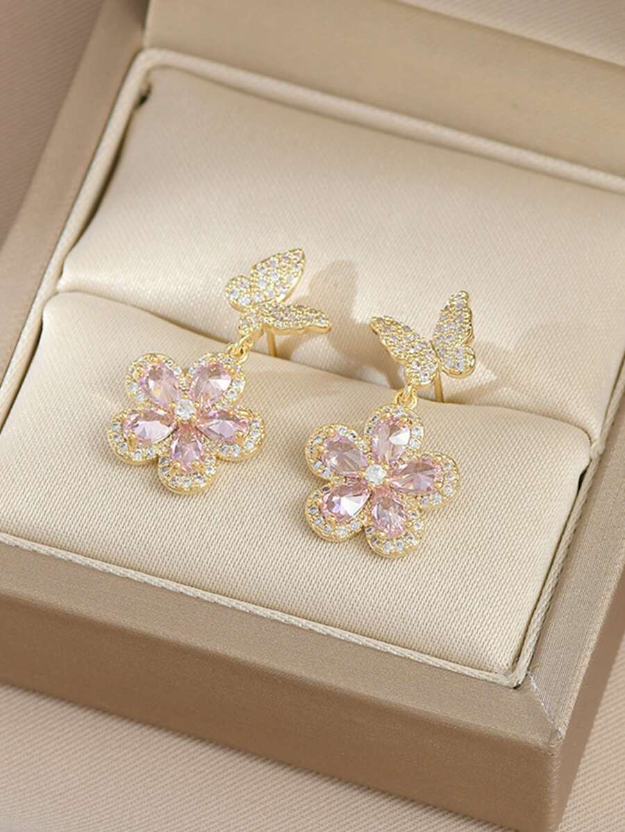 1雙水鑽鑲嵌蝴蝶&花花瓣形狀耳朵裝飾帶歐美風格 - 金色 - 查看 1