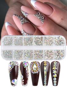 12 Griglie Decorazione per unghie in strass di lusso, pietre di vetro colorate e bianche di dimensioni miste, ciondoli per unghie fai-da-te, accessori per manicure e forniture per unghie