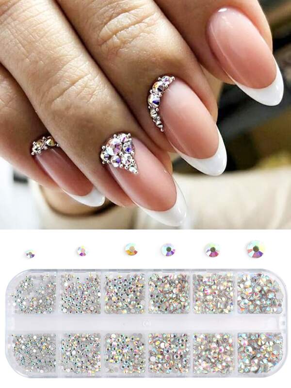 12 Griglie Decorazione per unghie in strass di lusso, pietre di vetro colorate e bianche di dimensioni miste, ciondoli per unghie fai-da-te, accessori per manicure e forniture per unghie