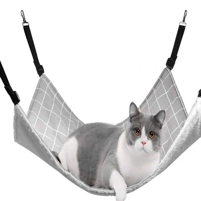 1入組灰色的格紋雙面寵物吊床床帶可拆卸搖粒絨軟墊適用於小和中等的貓,四可用