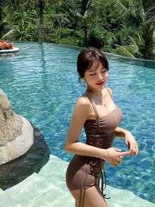 罗纹抽绳侧分体泳衣上衣和下装泳装夏季海滩