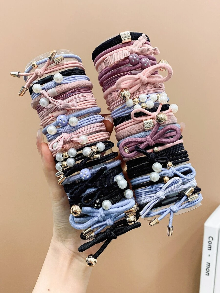 50pcs Girls' Colorful High Elastic Simple Faux Pearl Hair Ties