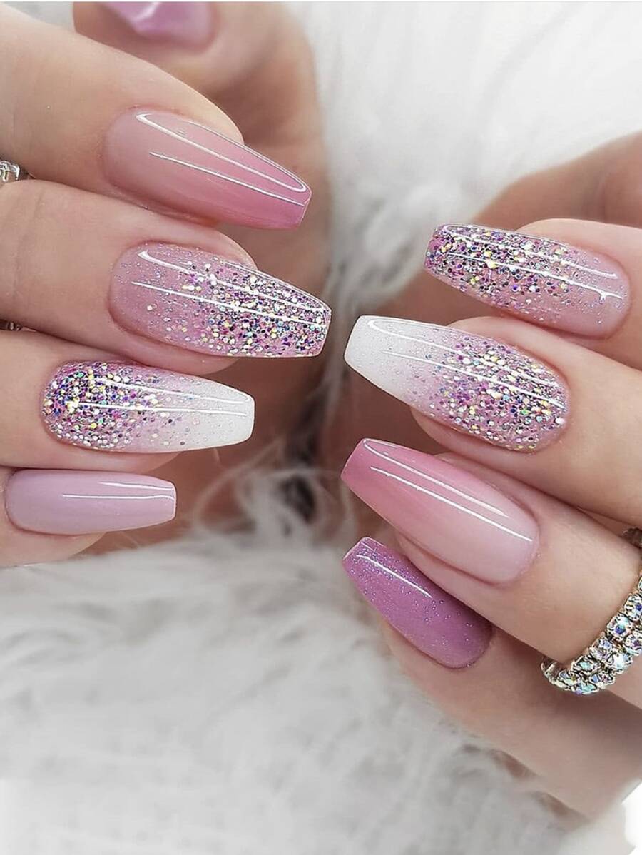 24入組時尚簡約粉紫漸層閃粉長棺型燙貼式假指甲套裝，全覆蓋式美甲指甲用具 - 彩色 - 查看 1