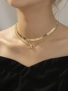 1條時尚金屬魚骨鍊&字母吊墜多層項鍊 - 金黃色 - 查看 1