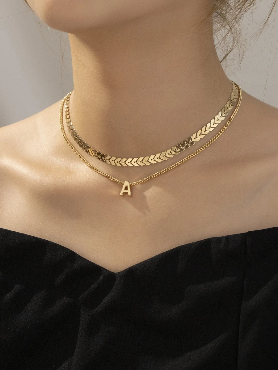 1條時尚金屬魚骨鍊&字母吊墜多層項鍊 - 金黃色 - 查看 1