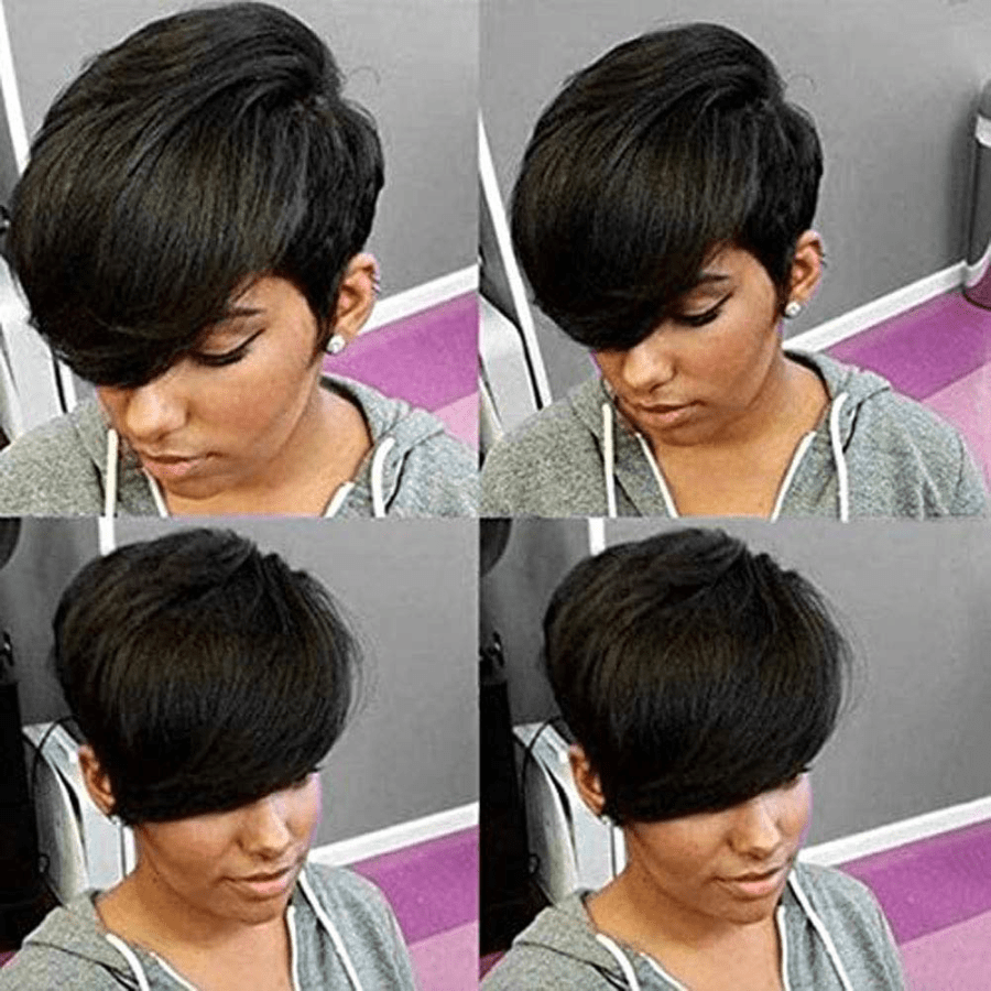 Pelucas De Cabello Negro Cortas Sintéticas Para Mujeres, Estilo De Corte De Pelo Pixie Con Flequillo Lateral