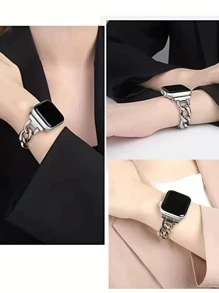 銀色不鏽鋼牛仔鍊替換錶帶相容於apple Watch 系列8/7/6/5/4/3/2/1/se 運動錶帶,41 毫米/38 毫米/40 毫米/42 毫米/44 毫米/45 毫米,男士女士 - 銀色 - 查看 3