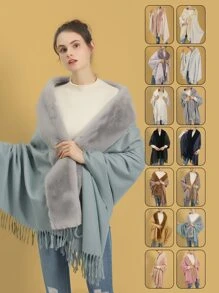 1入組女式多色素色保暖經典毛領開叉斗篷適合日常和派對穿著 - 藍色 - 查看 1