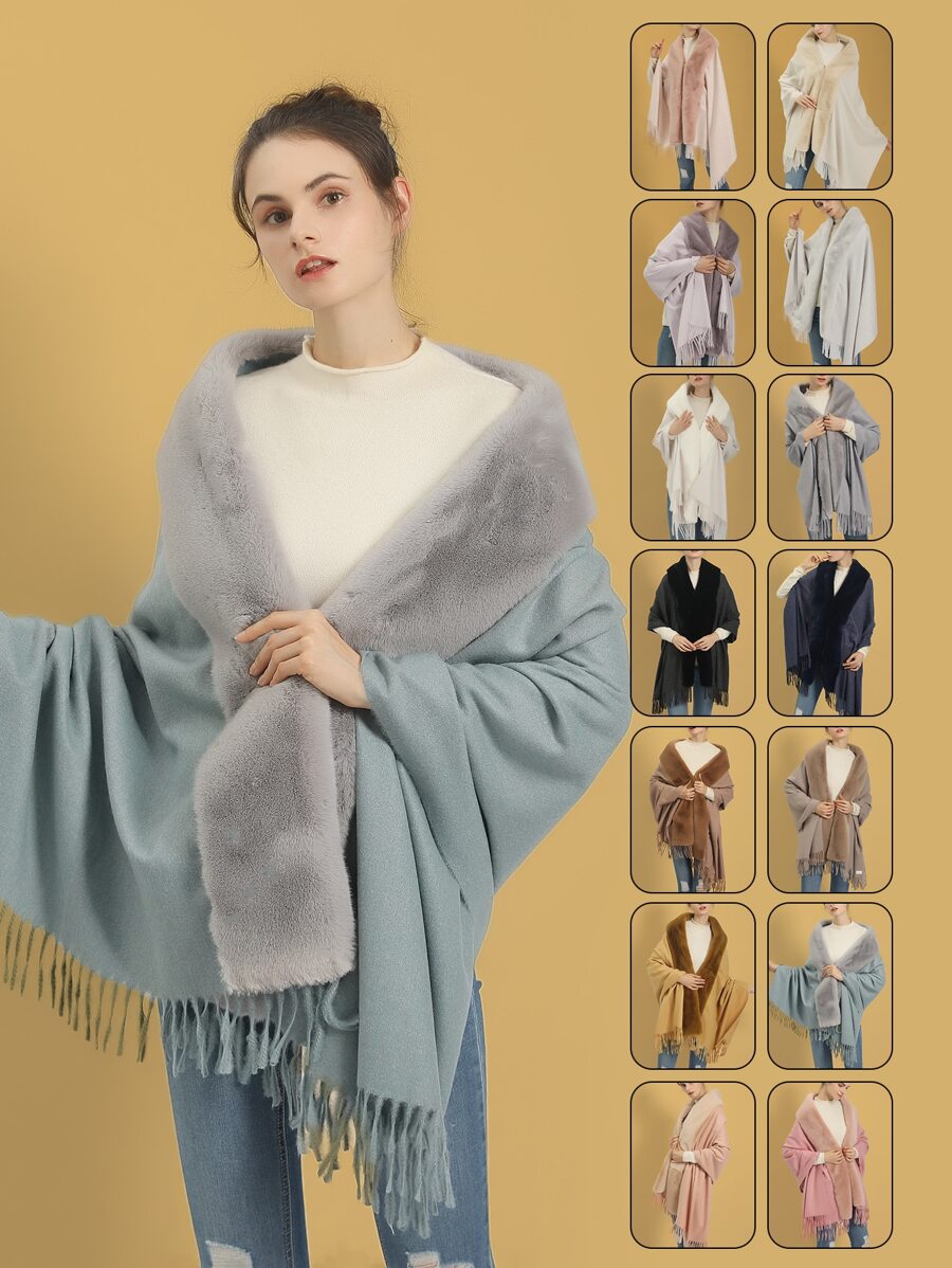 1入組女式多色素色保暖經典毛領開叉斗篷適合日常和派對穿著 - 藍色 - 查看 1