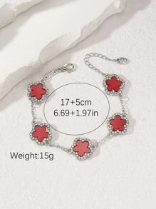 1 pieza Brazalete de mujer de uso diario con forma de trébol de cinco hojas decorado con circonita cúbica roja (sin caja de empaque) Para San Valentín - Plateado - Ver 3