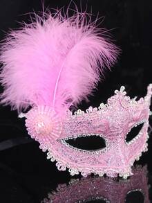 Feather Mask, Party Venetian Masquerade Mask, Sexy Costume Mask, Cosplay Party Festival Venetian Mask, Face Cover, Eye Mask - Pink - View 2