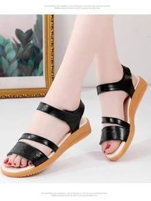 牛筋底純皮涼鞋,透氣中空設計,柔軟底部,非常適合媽媽,2023年夏季新品 - 黑色 - 查看 1