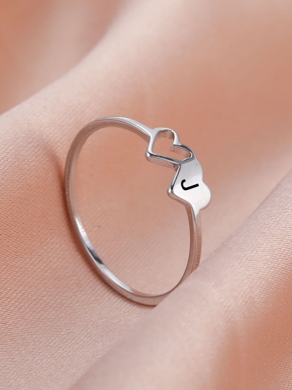 1pc Women's Stainless Steel Fashionable Double Heart & Letter Detail Ring, Couple's Gift For Girlfriend