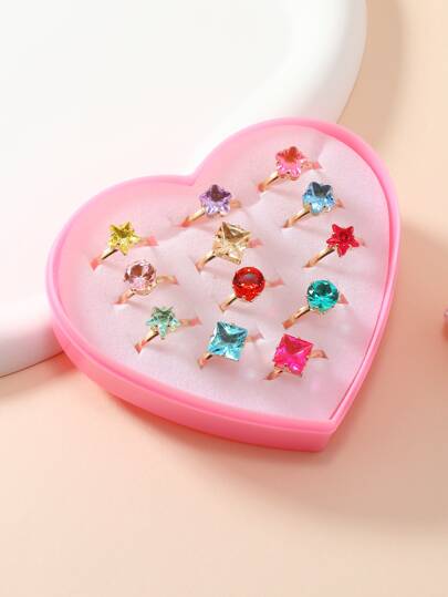 1套/12入組女孩可調節的卡通戒指,帶假寶石,金色