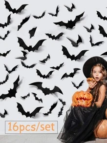 16pcs Halloween Bat Sticker Decoration, 3d Bat Wall Decal,Home Decor ,Room Decor,Wall Decor Halloween Decor - Black - View 1