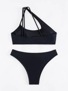 Women's Hollow Out Solid Color Bikini Set With Shoulder Straps, Backless Design Summer