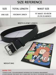 1pc Square Buckle Black Pu Leather Belt, Versatile Minimalist Stylish Waistband For Students Summer, School Fall, Autumn, Halloween - Black - View 2