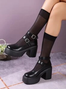 時尚新款純色楔形跟和厚底學院風鞋子 - 黑色 - 查看 2