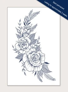 1 件适用于手臂/身体的防反光临时纹身贴纸，大号蓝色花朵和叶子图案草本半永久纹身，可持续两周 - 藍色 - 查看 2