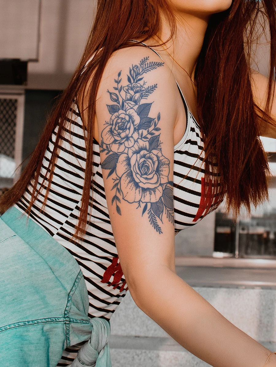 1 件适用于手臂/身体的防反光临时纹身贴纸，大号蓝色花朵和叶子图案草本半永久纹身，可持续两周 - 藍色 - 查看 1