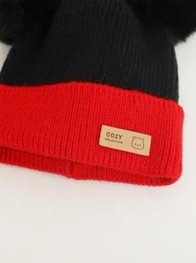1pc Red & Black Knitted Beanie Hat With Pompom Balls For Toddlers, Unisex Winter Warm Cap