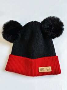 1pc Red & Black Knitted Beanie Hat With Pompom Balls For Toddlers, Unisex Winter Warm Cap