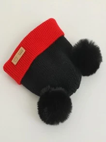 1pc Red & Black Knitted Beanie Hat With Pompom Balls For Toddlers, Unisex Winter Warm Cap