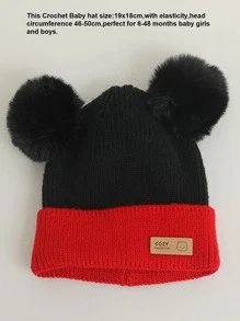 1pc Red & Black Knitted Beanie Hat With Pompom Balls For Toddlers, Unisex Winter Warm Cap