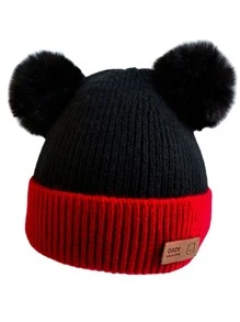 1pc Red & Black Knitted Beanie Hat With Pompom Balls For Toddlers, Unisex Winter Warm Cap