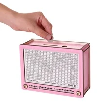 1個diy木製錢箱,復古電視機風格桌面裝飾,可拆卸粉色硬幣存儲盒,適合兒童使用 - 粉色 - 查看 1