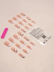 24入組優雅長形墓碑形法式美甲珍珠光澤假指甲套裝,附1個指甲文件和1個膠水 - 彩色 - 查看 2