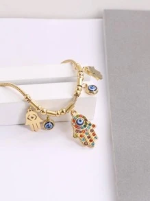 1款女士金色多彩鑲嵌水晶手鍊,深藍色眼睛細節,不鏽鋼蛇骨鍊,獨特設計 - 金色 - 查看 2