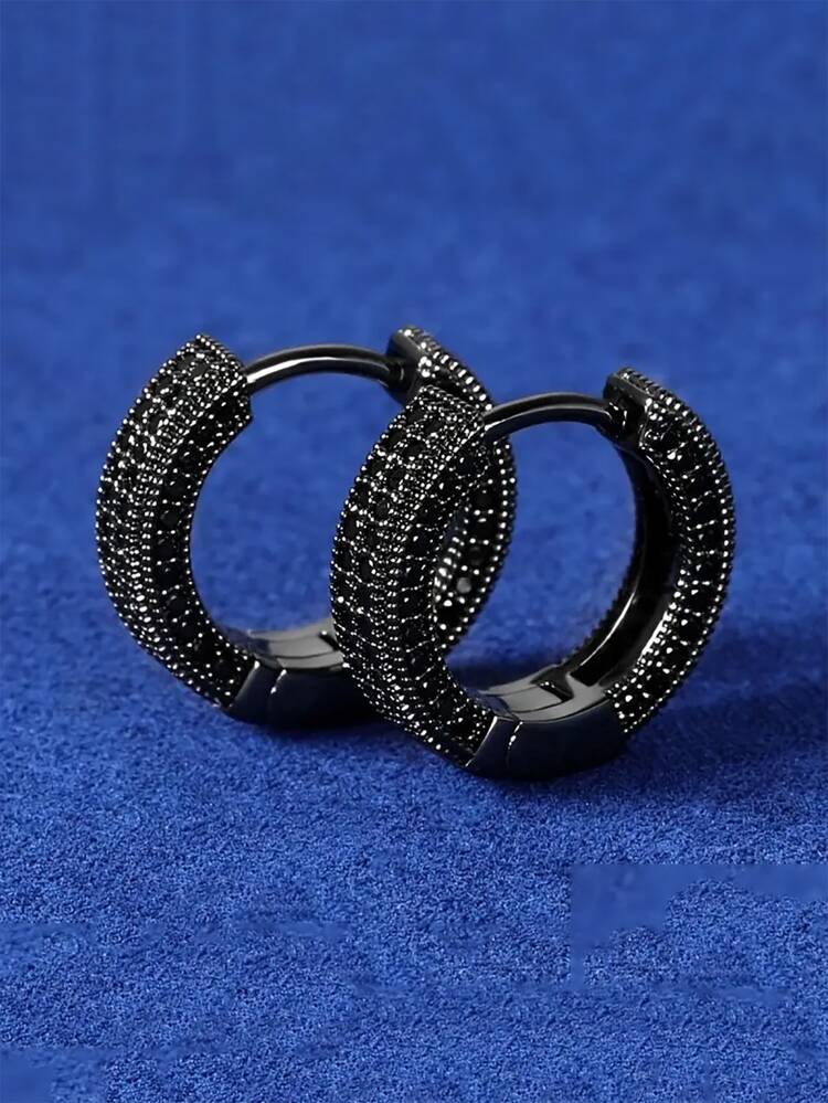 1 Pair Unisex Hip Hop Style Cubic Zirconia Hoop Earrings, Miro Pave CZ Gunmetal Black Nanocoating Personalized Fashion Copper Gold-Plated Earrings