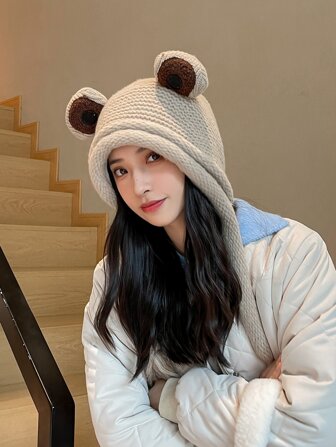 1頂時尚的韓國風格針織帽,配有可愛的青蛙耳套和頭帶,女性適用,適用於秋冬季節