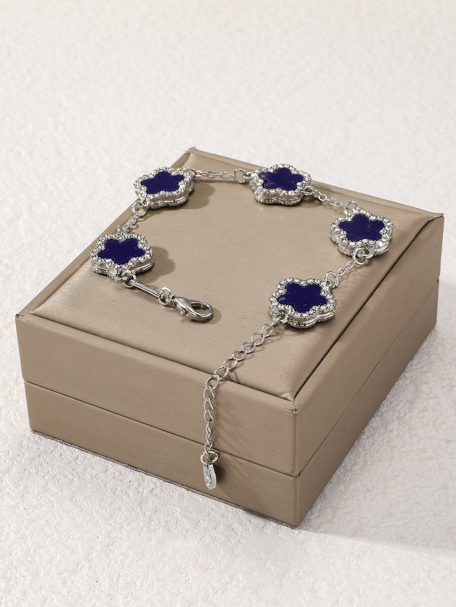 1pc Fashionable & Elegant Clover & Ocean Blue Rhinestone Inlaid Bracelet For Women's Daily Wear (Without Gift Box) - Silver - View 1