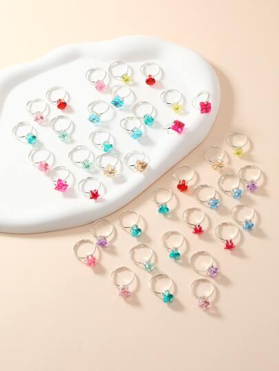 36 sztuk/zestaw Dziewczęcy regulowany pierścionek w kolorze srebrnym z imitacją kamieni szlachetnych