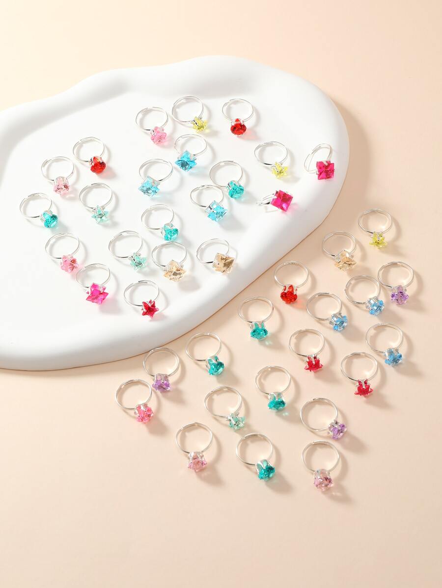 36pcs/set Girls' Adjustable Cartoon Silver-color Ring With Imitation Gemstones
