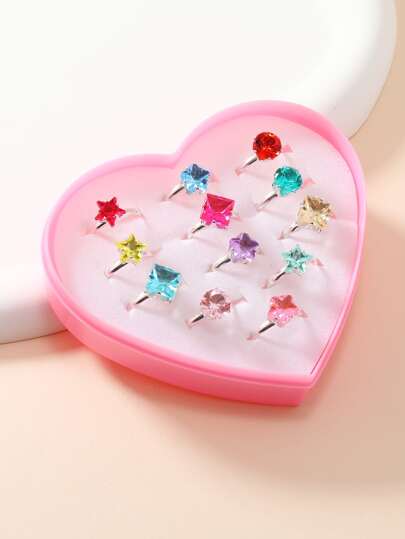 1 Set/12 Piezas De Lindos Anillos Ajustables De Color Plateado Para Niñas Con Detalles De Imitación De Piedras Preciosas En Forma De Dibujos Animados